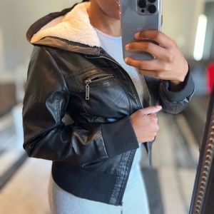 Rue 21 Black Faux Leather Jacket with Faux Fur Lining, Size L